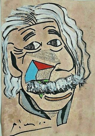 Pablo Picasso Einstein Portrait Watercolor Drawing Painting.  Signed.
