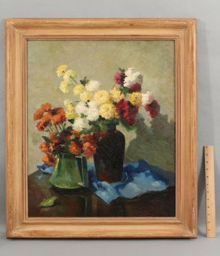 Signed American Impressionist Autumn Fall Mum Flowers Floral Still Life Painting
