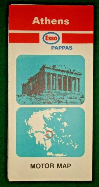 Esso Pappas Rare Vintage 1968 Folding Road Motor Map Of Athens Greece