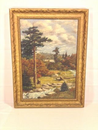 Antique Oil On Board Painting Woods And Stream By Lahmers 1917