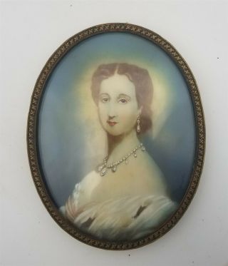 Antique French Miniature Portrait Painting Of Empress Eugenie Signed