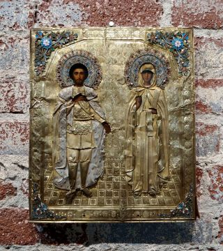 19th Century Russian Icon With Silver & Enamel Accents