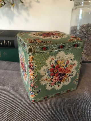 Vintage Green Tea Tin Square Floral Hinged Lid Made In Holland