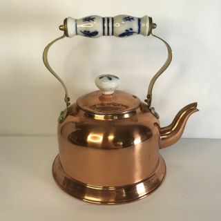 Copper Plated Brass Teapot Ceramic Blue White Handle & Knob Taiwan