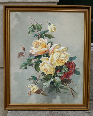 Very Fine Still Life With Yellow And Red Roses.  Signed And Dated 1918.