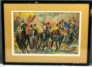 Vtg - Antique Horse Race / Jockeys Impressionist Pastel Painting - Signed Ridgeway
