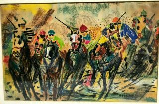 Vtg - Antique HORSE RACE / JOCKEYS Impressionist PASTEL Painting - Signed RIDGEWAY 2
