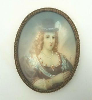 Antique French Miniature Portrait Painting Of Lady Elisabeth Signed