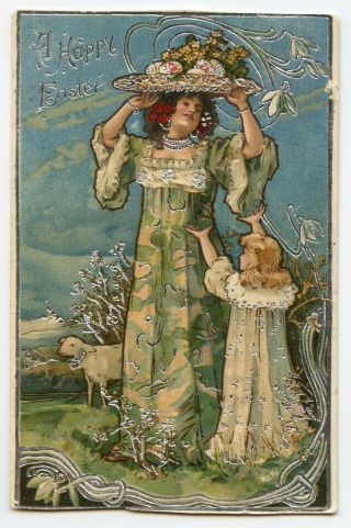 C 1906 French Art Nouveau Lovely Easter Greetings Glamour Postcard