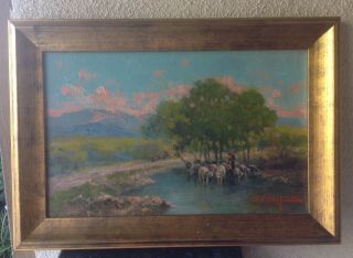 Oil Painting Landscape With Sheep By John Califano California Italian Artist