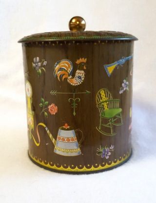 Vintage Tea Tin Canister Biscuit Rooster Teapot Clock Rose Design England 5.  5 "