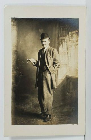 Rppc Young Man Over Sized Suit C1910 Studio Photo Postcard O4