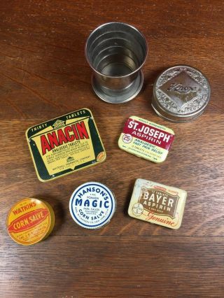 Vintage Knox Collapsible Drinking Cup W/ Lid,  Vintage Medicine Tins Anacin Etc