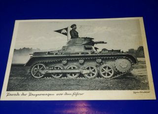 Ww2 German Post Card Of Soldier Driving A Tank.  Skull,  Bones Flag Fieldpost Cancel