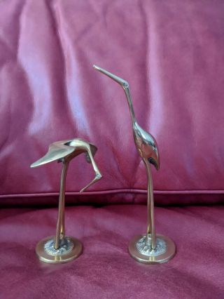 Mid - Century Brass Cranes,  Heron Statues 8 " And 5 1/2 " Tall No Markings