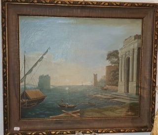 20th Century Romantic Marina Oil Painting On Canvas