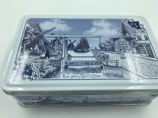 Holland Blue White Delft Cookie Tin Windmill Floral Motif