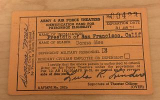 Military Presidio Of San Francisco Aafes Movie Card Pass Army Air Force 1954
