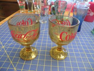 2 Vintage Coca - Cola Coke Yellow Tinted Glasses Stem Goblet Soda 7 " H