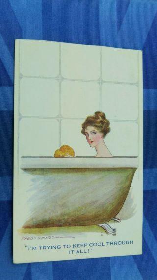 Ww1 Fred Spurgin Comic Postcard 1914 1918 Nude Woman Bath Im Trying To Keep Cool