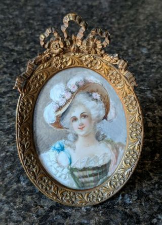 Antique Hand Painted Miniature Victorian Lady Portrait In Fancy Bronze Frame