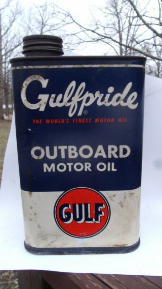 Vintage " Gulf Pride Outboard Motor Oil Can " Orange Logo Graphics Look