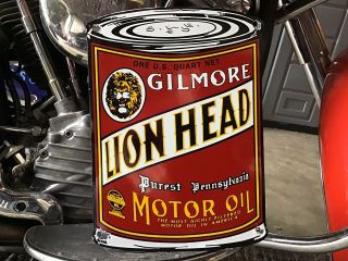 Vintage Porcelain Die Cut Metal Gilmore Lion Head Motor Oil Display Sign Gas