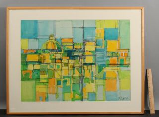 Large Signed American Mid - Century Modernist Abstract Cubist Watercolor Painting