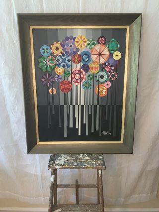 Fantasy Flowers By Les Brown.  Framed Abstract Flowers On Canvas 1970