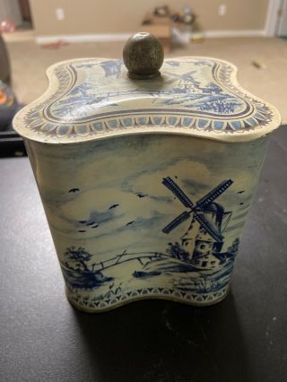 Vintage Delft Delftware Tin :: Holland Windmill Ships Blue White