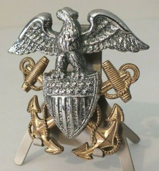 Wwii Us Navy Naval Officer Hat Badge - - 1/20 10k Gold & Sterling 2 3/8 "