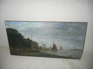 Antique Oil Painting,  {coast Landscape With Windmills And Sailboats.  Is Signed }