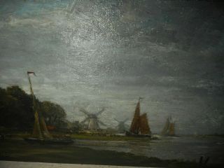 Antique oil painting,  {Coast landscape with windmills and sailboats.  is signed } 2