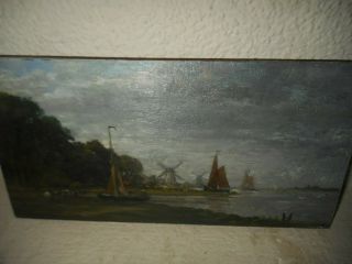Antique oil painting,  {Coast landscape with windmills and sailboats.  is signed } 3