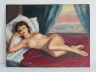 Renato Mazza Vtg Mid Century Nude Pin Up Woman Oil Painting Texas Italy Art Old