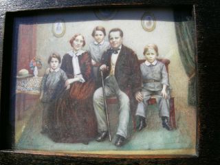 Fine Antique Family Group Portrait Miniature Painting Named Room Setting Framed