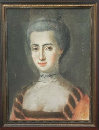 18th Century Portrait Of A Young Lady Antique Pastel Painting