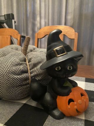 Vintage Ceramic Black Cat On Pumpkin Halloween Black Cat Light