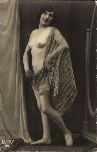 668441 French Nude C1910 - 1920 Real Photo Bmv 39 Striped Scarf Floor Mirror