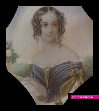 Antique 19th C.  French Miniature Painting Watercolor & Gouache Portrait : A Lady
