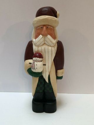 Hand Carved & Painted Wooden Santa Claus Holding Snowman Figurine Signed West