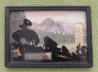 Vintage Silhouette Picture & Thermometer Advertising; Cowboy & Wagon Train Scene