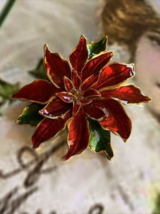 Vintage Topaz Rhinestone Red Enamel Poinsettia Christmas Brooch Pin Gold Trim