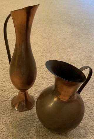 2 Vintage Mid Century Modern Copper Pitcher Vase Hammered Western Germany