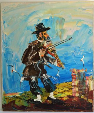 Morris Katz 1932 - 2010 Vintage Oil Painting On Board Signed Fiddler On The Roof