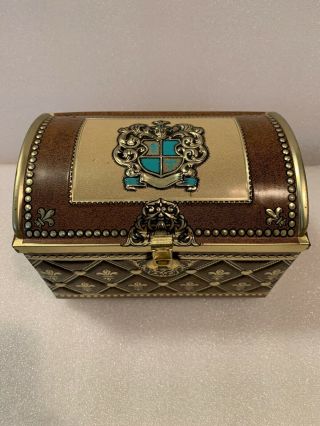 Vintage Royal Treasure Chest Metal Tin Made In Western Germany Gold Brown Teal