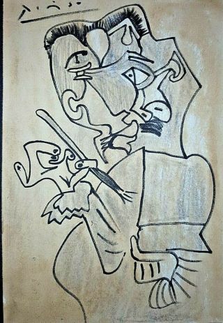 Pablo Picasso Dali Portrait Watercolor Drawing Painting.  Signed.