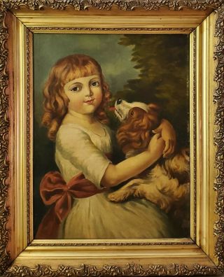 Victorian Portrait Of Girl With Dog Antique 19th Century Oil Painting On Canvas
