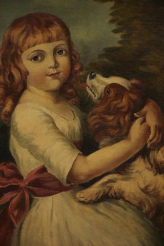 Victorian Portrait of Girl with Dog Antique 19th Century Oil Painting on Canvas 2