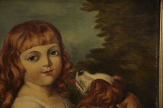 Victorian Portrait of Girl with Dog Antique 19th Century Oil Painting on Canvas 3